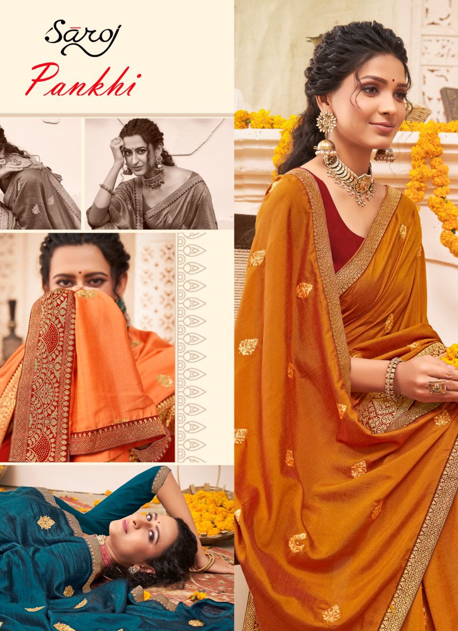 Saroj Pankhi Fancy Festive Wear Vichitra Silk Embroidery Work Saree Collection